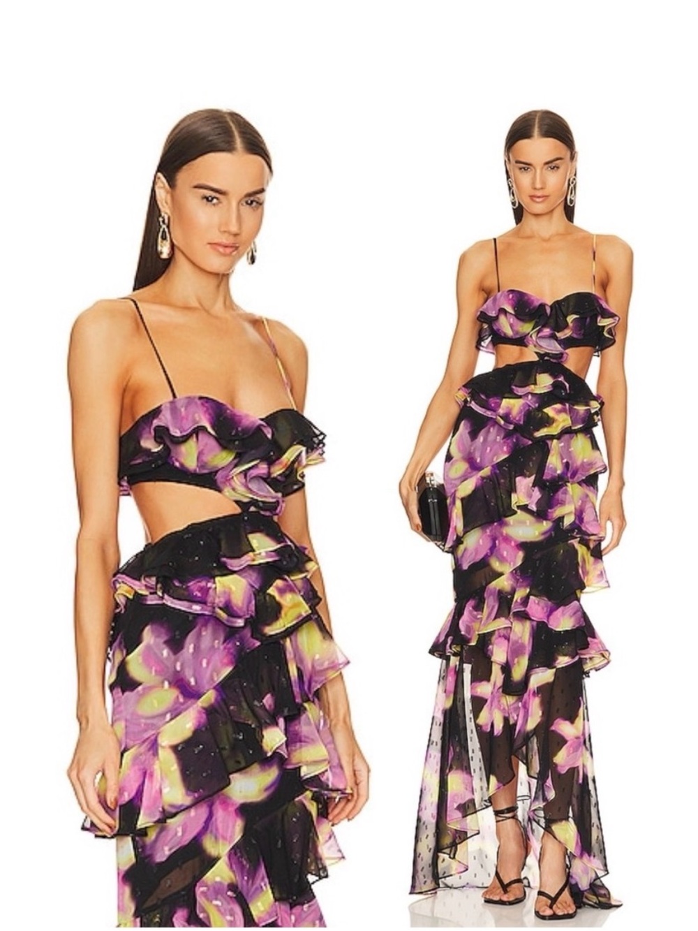 NWT Michael Costello
REVOLVE Abby Gown Black Floral Bustier Cut Out Ruffle Maxi